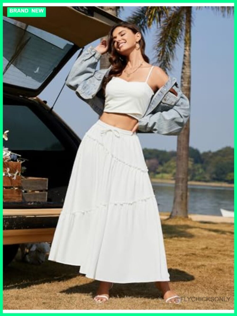 Smocked Tiered Maxi Skirt with Pockets High Waist A-Line Flowy Long - Picture 3 of 6
